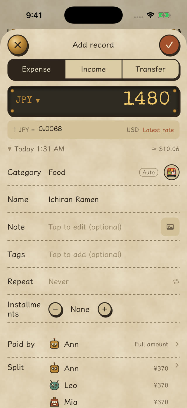 Add record: ¥1,480 Ichiran Ramen, converted ≈ $10.06