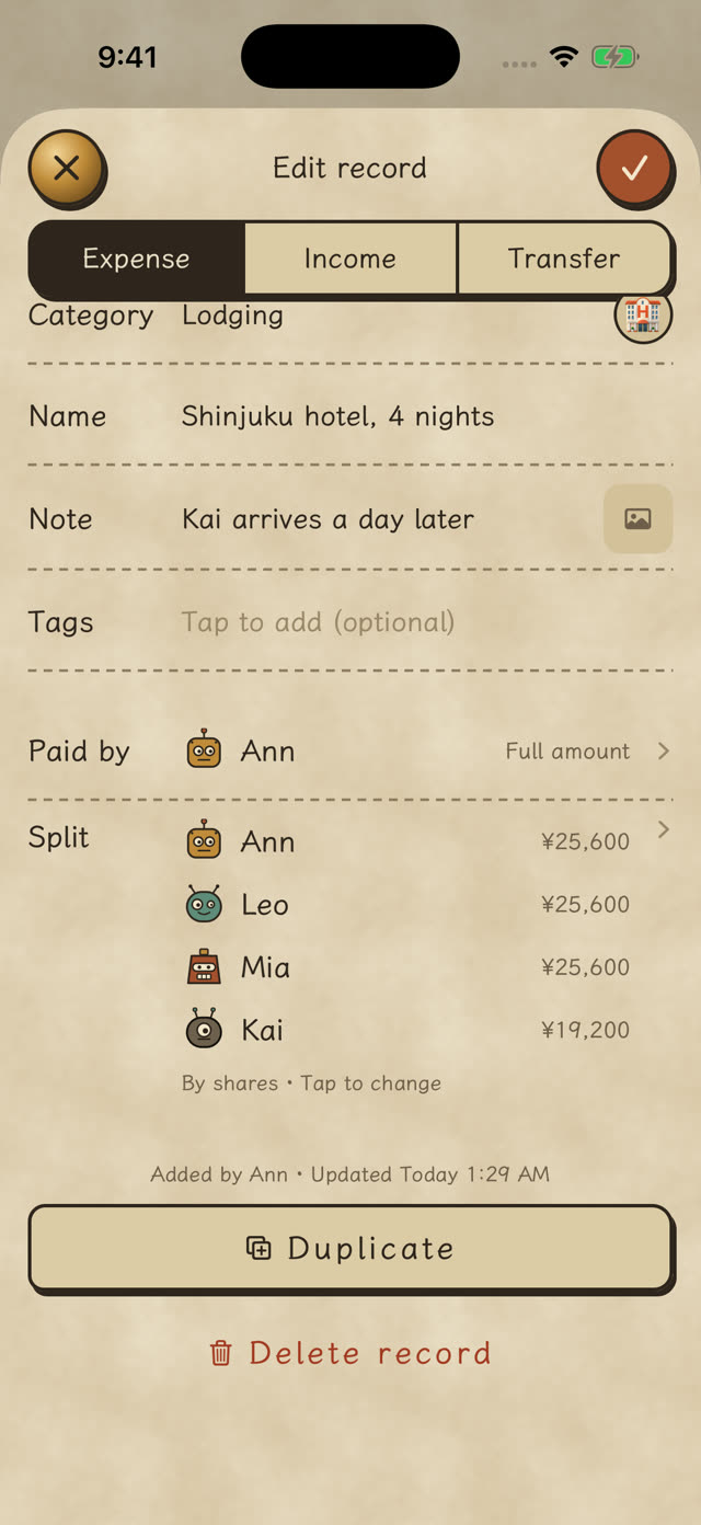 Hotel split by shares: three people ¥25,600, Kai ¥19,200