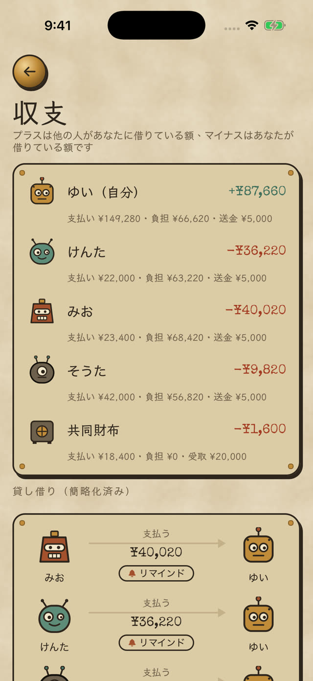 収支：ゆい +¥87,660、他のメンバーは支払う側