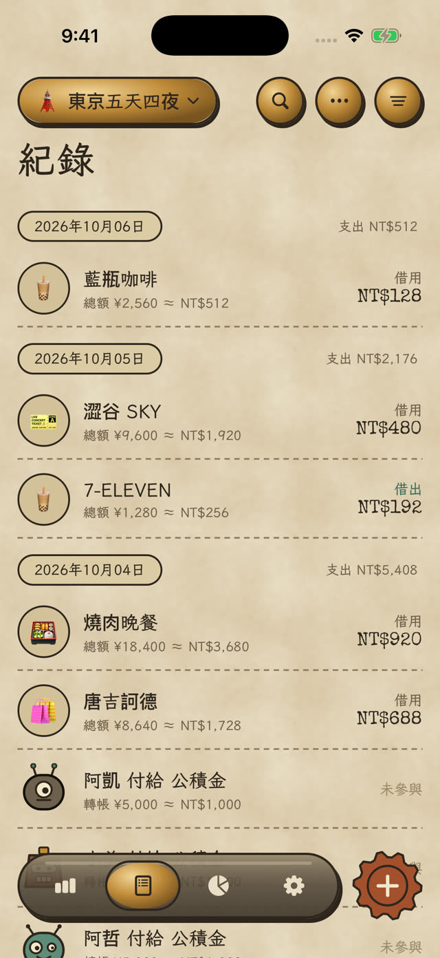 紀錄列表：每一筆的總額與我的借出、借用